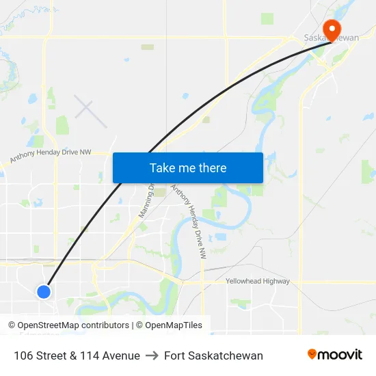 106 Street & 114 Avenue to Fort Saskatchewan map