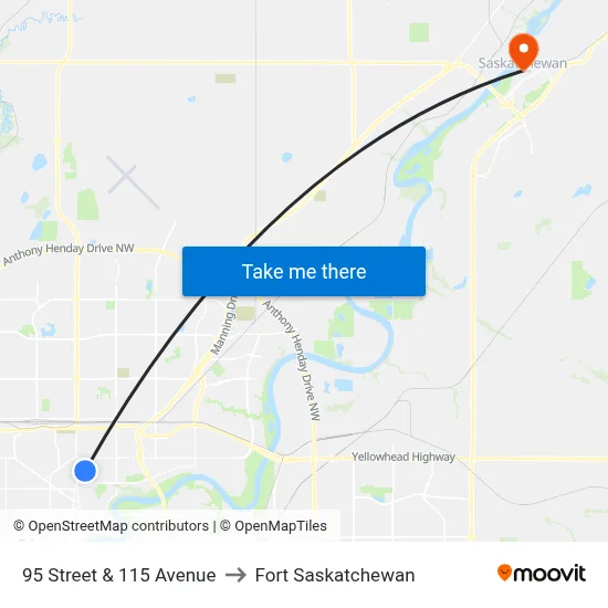 95 Street & 115 Avenue to Fort Saskatchewan map