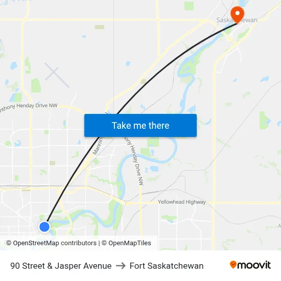 90 Street & Jasper Avenue to Fort Saskatchewan map