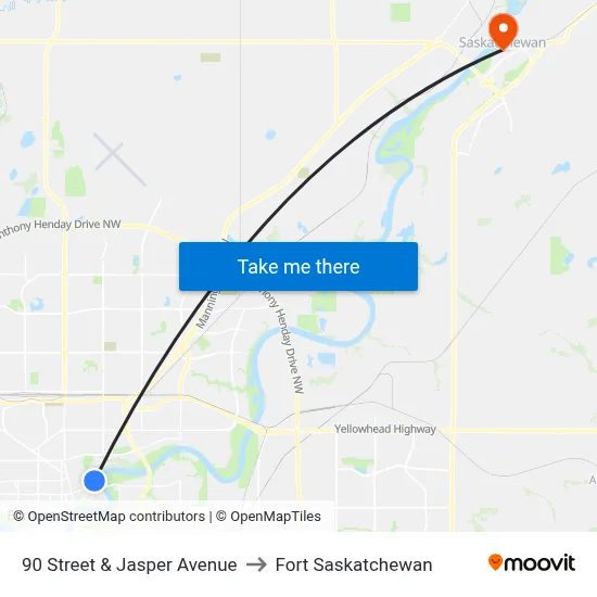 90 Street & Jasper Avenue to Fort Saskatchewan map