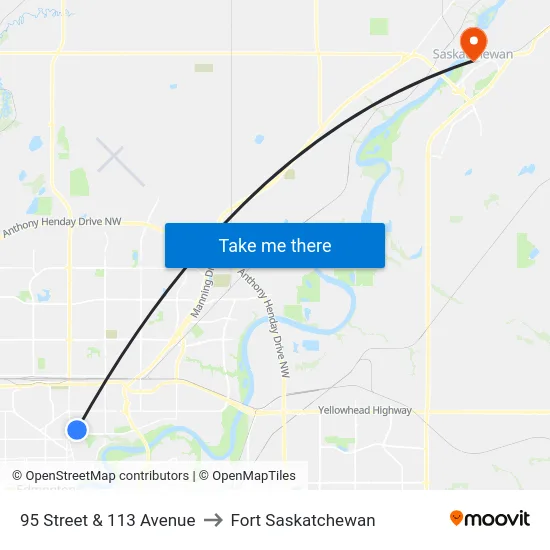 95 Street & 113 Avenue to Fort Saskatchewan map