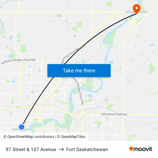 97 Street & 107 Avenue to Fort Saskatchewan map
