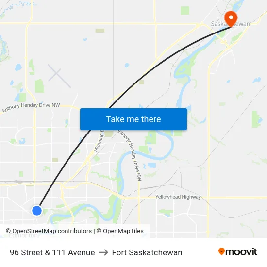 96 Street & 111 Avenue to Fort Saskatchewan map