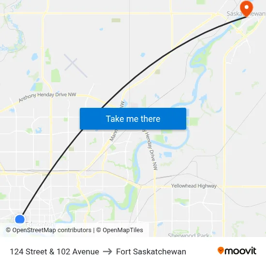 124 Street & 102 Avenue to Fort Saskatchewan map