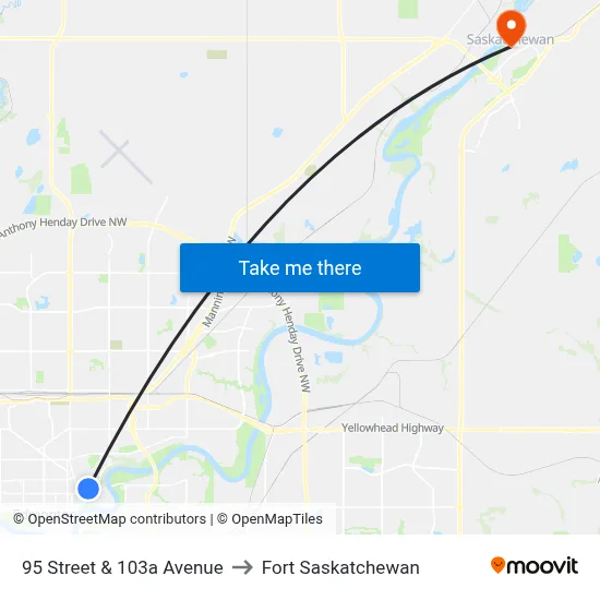 95 Street & 103a Avenue to Fort Saskatchewan map