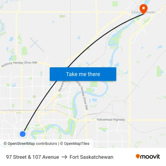 97 Street & 107 Avenue to Fort Saskatchewan map