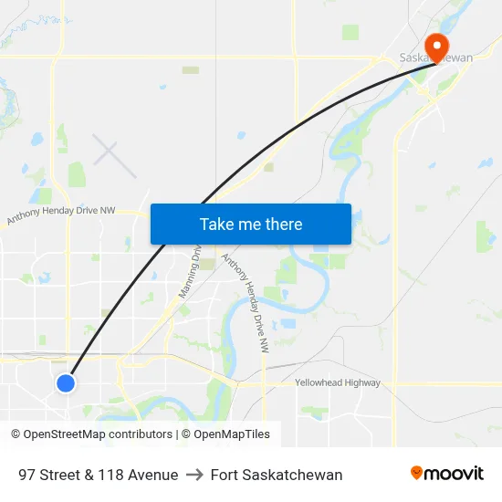 97 Street & 118 Avenue to Fort Saskatchewan map