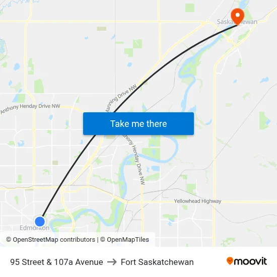 95 Street & 107a Avenue to Fort Saskatchewan map