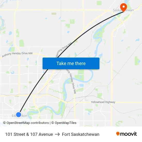 101 Street & 107 Avenue to Fort Saskatchewan map