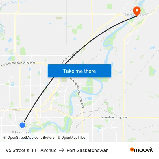 95 Street & 111 Avenue to Fort Saskatchewan map