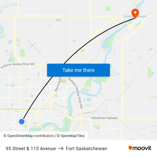 95 Street & 115 Avenue to Fort Saskatchewan map