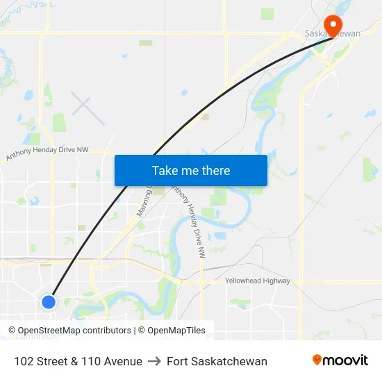102 Street & 110 Avenue to Fort Saskatchewan map