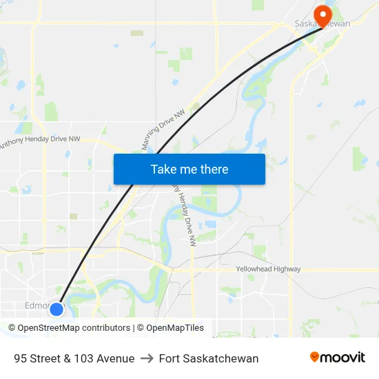 95 Street & 103 Avenue to Fort Saskatchewan map