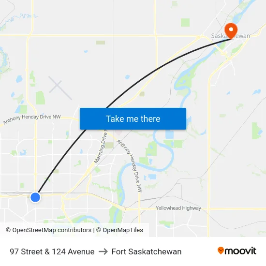 97 Street & 124 Avenue to Fort Saskatchewan map