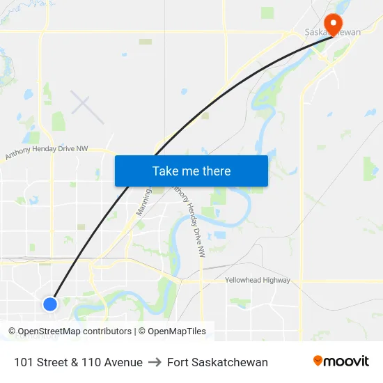 101 Street & 110 Avenue to Fort Saskatchewan map