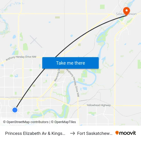 Princess Elizabeth Av & Kingsway to Fort Saskatchewan map