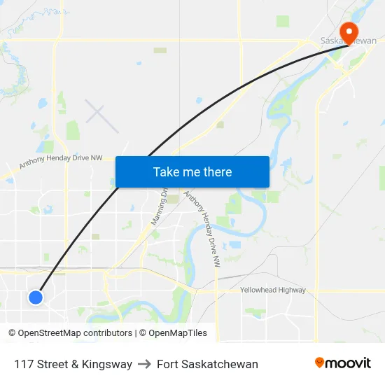 117 Street & Kingsway to Fort Saskatchewan map