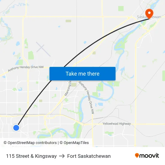 115 Street & Kingsway to Fort Saskatchewan map