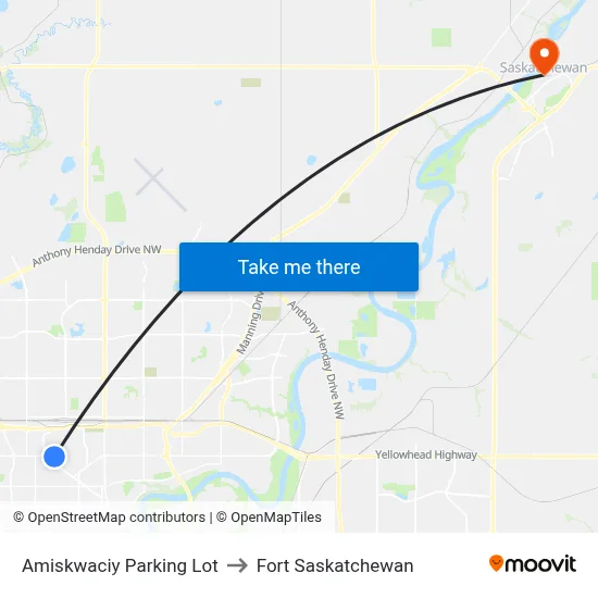 Amiskwaciy Parking Lot to Fort Saskatchewan map