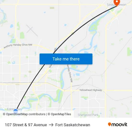107 Street & 97 Avenue to Fort Saskatchewan map
