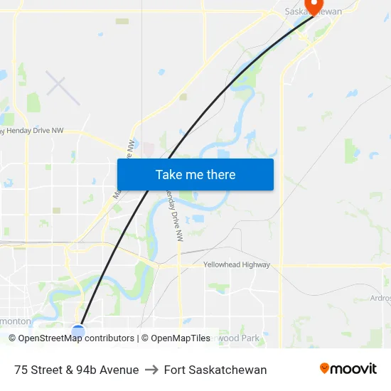 75 Street & 94b Avenue to Fort Saskatchewan map