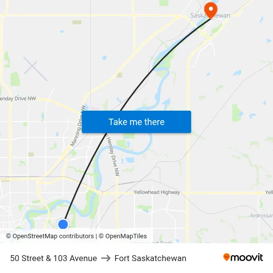 50 Street & 103 Avenue to Fort Saskatchewan map