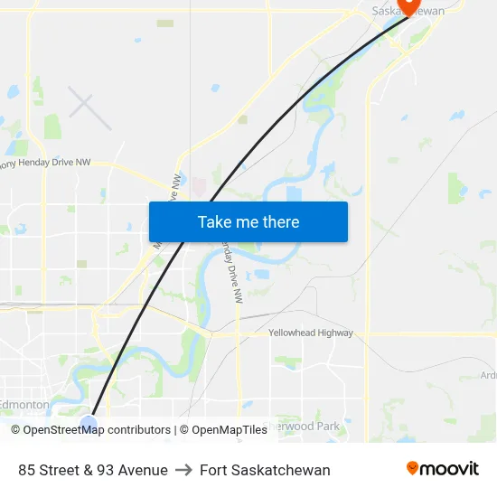 85 Street & 93 Avenue to Fort Saskatchewan map