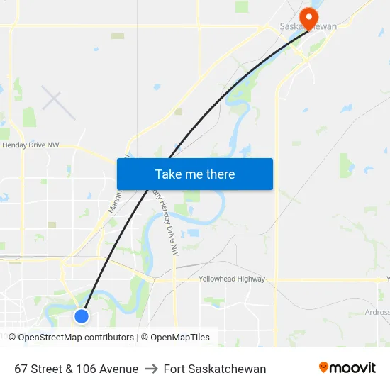67 Street & 106 Avenue to Fort Saskatchewan map