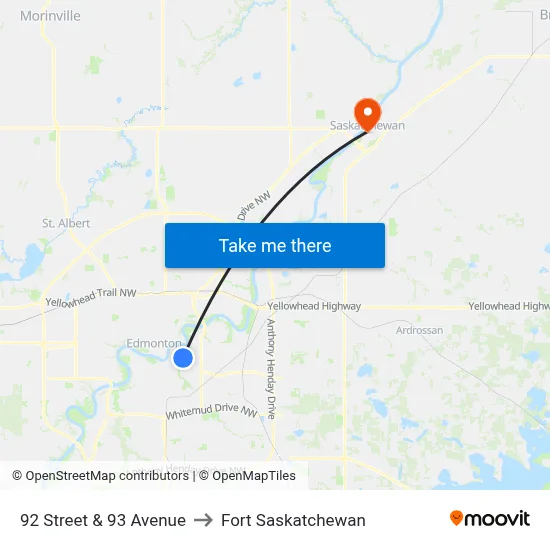 92 Street & 93 Avenue to Fort Saskatchewan map