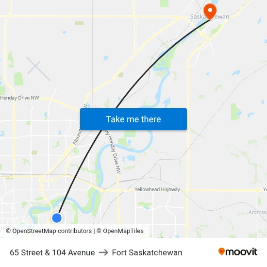 65 Street & 104 Avenue to Fort Saskatchewan map