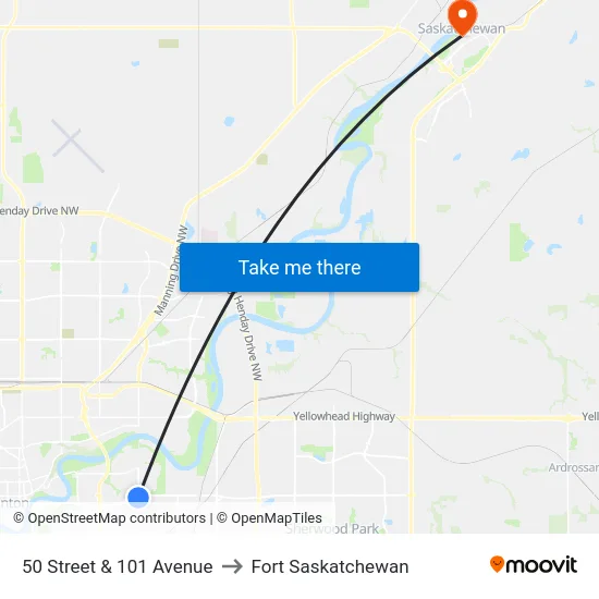 50 Street & 101 Avenue to Fort Saskatchewan map