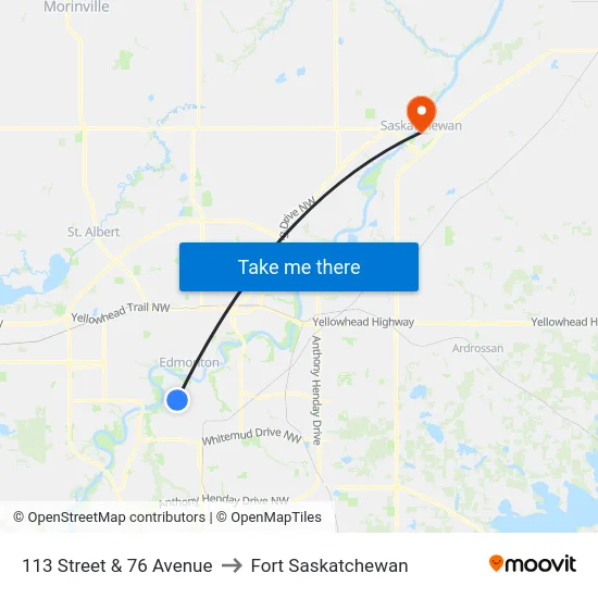113 Street & 76 Avenue to Fort Saskatchewan map