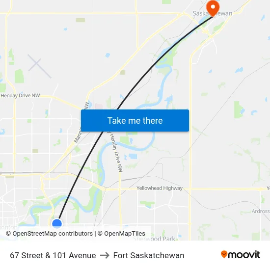 67 Street & 101 Avenue to Fort Saskatchewan map