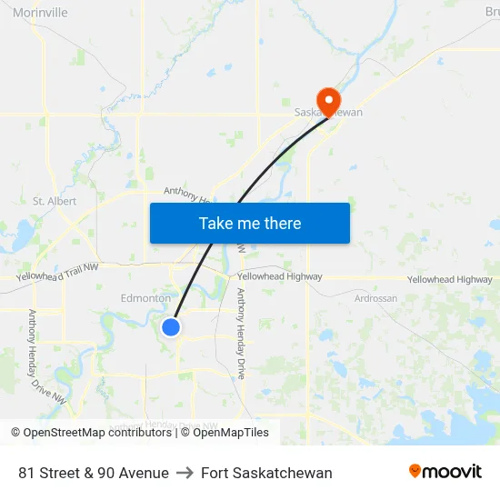 81 Street & 90 Avenue to Fort Saskatchewan map