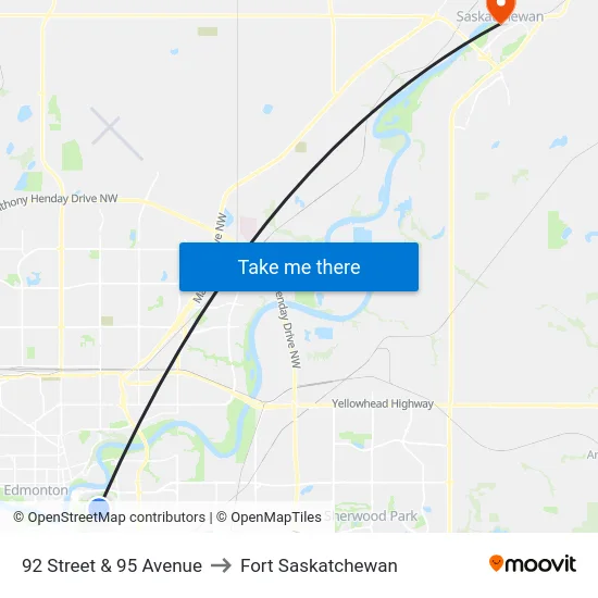 92 Street & 95 Avenue to Fort Saskatchewan map