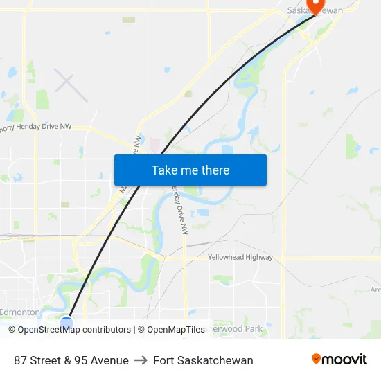 87 Street & 95 Avenue to Fort Saskatchewan map