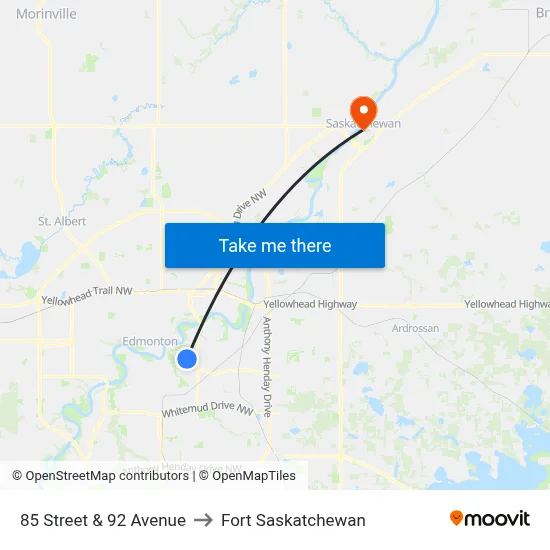 85 Street & 92 Avenue to Fort Saskatchewan map