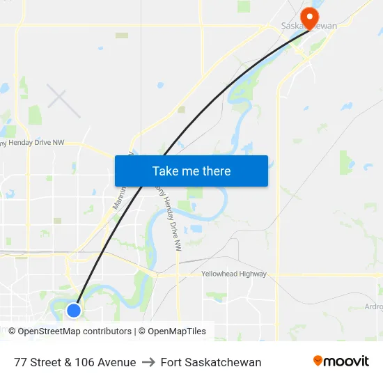 77 Street & 106 Avenue to Fort Saskatchewan map