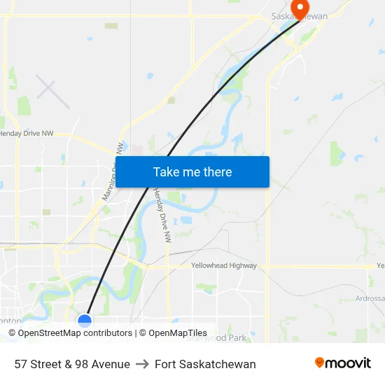 57 Street & 98 Avenue to Fort Saskatchewan map