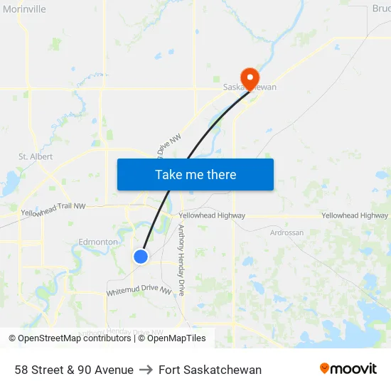 58 Street & 90 Avenue to Fort Saskatchewan map