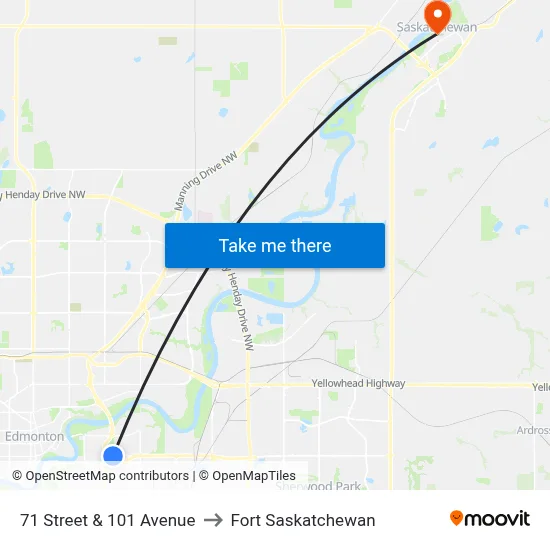 71 Street & 101 Avenue to Fort Saskatchewan map