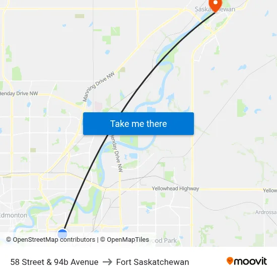 58 Street & 94b Avenue to Fort Saskatchewan map
