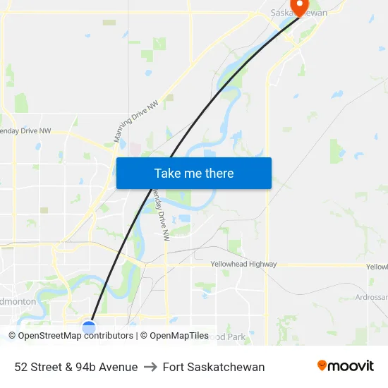52 Street & 94b Avenue to Fort Saskatchewan map