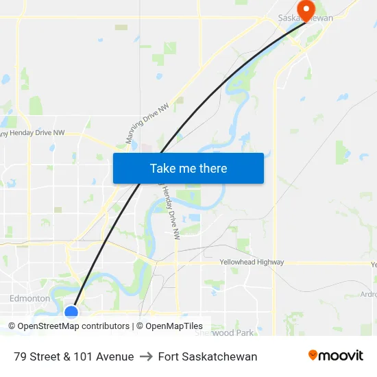 79 Street & 101 Avenue to Fort Saskatchewan map