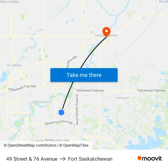 49 Street & 76 Avenue to Fort Saskatchewan map