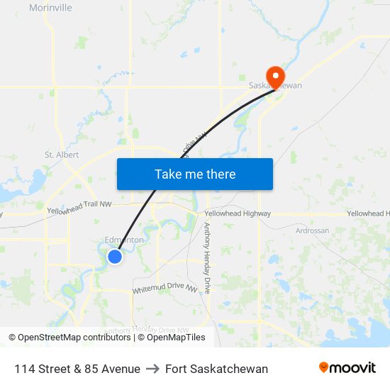 114 Street & 85 Avenue to Fort Saskatchewan map