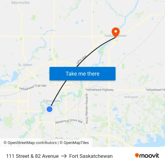 111 Street & 82 Avenue to Fort Saskatchewan map