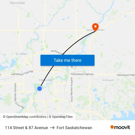 114 Street & 87 Avenue to Fort Saskatchewan map