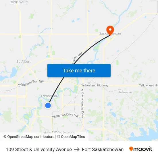 109 Street & University Avenue to Fort Saskatchewan map