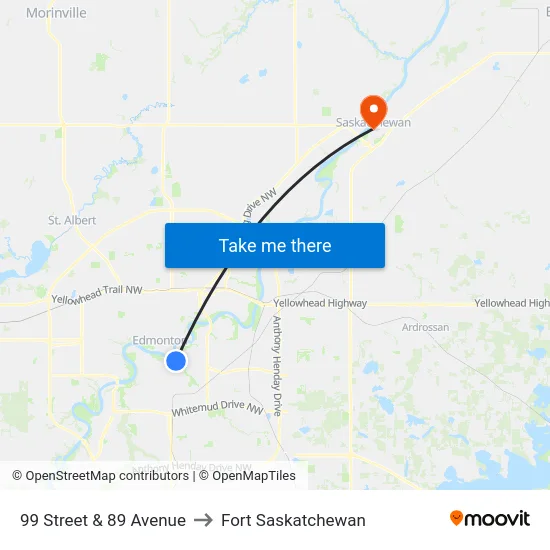 99 Street & 89 Avenue to Fort Saskatchewan map